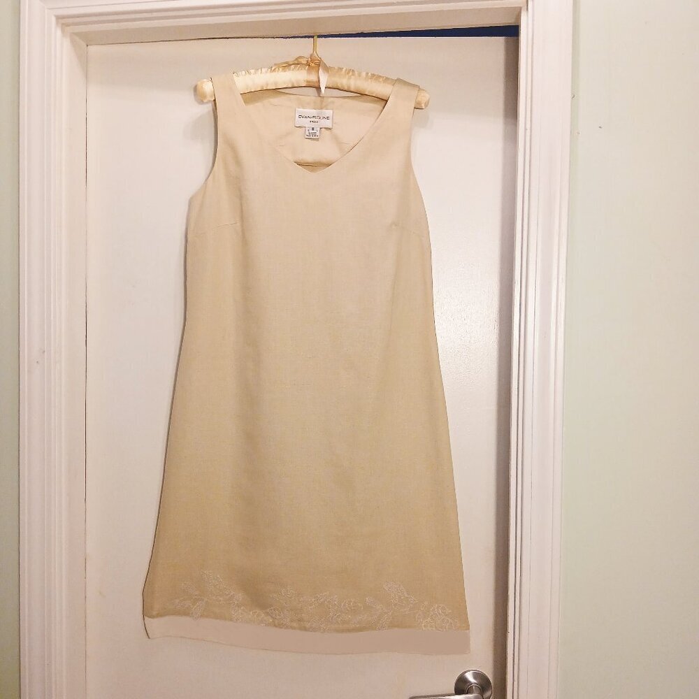 Evan Picone Butter Yellow 100%Linen Midi Sheath Dress ~ Stylish Hem Detail Sz 8